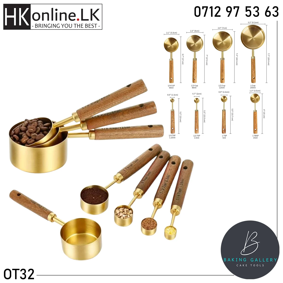 Measuring Cup Set 8Pcs Wooden Handle - Gold Color
